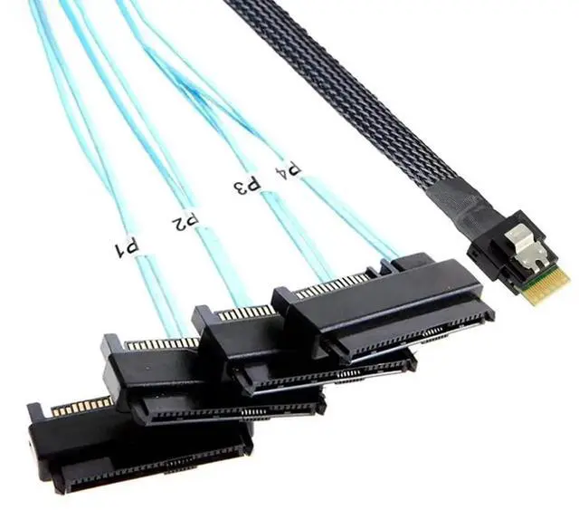 Alt view image 3 of 6 - PCIe Slimline SAS 4.0 38Pin SFF8654 4i to SAS SFF8482 2in1 Server Cable with SATA Power, 30AWG 24Gbps HighSpeed Copper Wire Harness, 1m/39.37in
