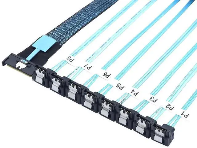 Alt view image 5 of 6 - MCIO PCIe SAS SFF8654 8i 74Pin to 8×SATA 7Pin Female 90Degree Cable, 32AWG HighSpeed Server Hard Drive Adapter, 1M