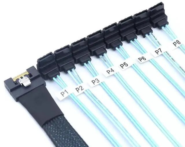 Alt view image 4 of 6 - PCIE Slimline SAS SFF8654 8i to 8X SATA 90Degree Cable, FullCover AntiMisplug Design, 24Gbps HighSpeed Server Data Cable, 0.8M/31.49in