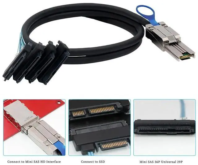 Alt view image 4 of 5 - Mini SAS HD SFF8088 26Pin to 4×SAS SFF8482 Server Cable, 6Gbps HighSpeed 26Pin to 4Port Data Transfer Cord, 28AWG Copper Wire, 2M