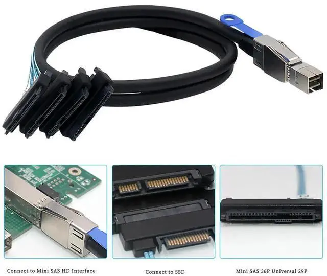 Alt view image 5 of 5 - Compatible Mini SAS HD SFF8644 to SFF8482 29Pin 2in1 SATA Hard Drive Data Cable, 28AWG Copper, 12Gbps HighSpeed Harness, 1m/39.37in