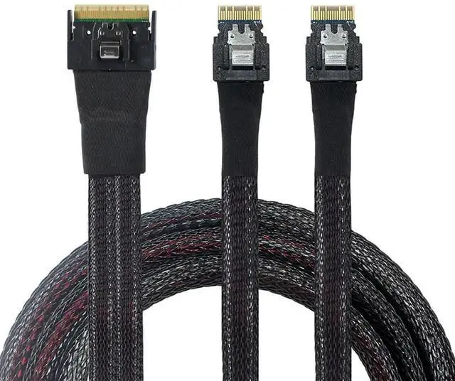 Main image of Slimline SAS SFF8654 8i to Dual SFF8654 4i Server Cable with AntiMisplug Design, 12Gbps HighSpeed 32AWG Data Transfer Cord, 10 Impedance, 0.8M