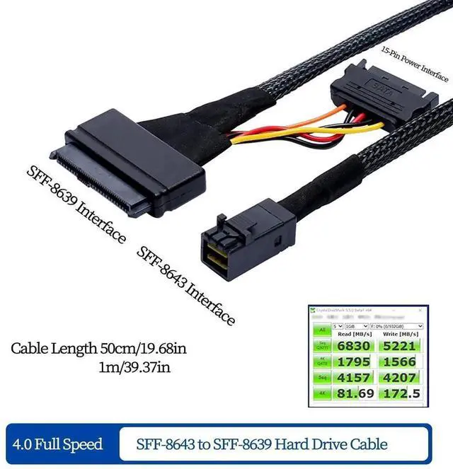 Alt view image 5 of 5 - Mini SAS SFF8643 to U.2 SFF8639 Cable with 15Pin Power Connector, IOCAB40121, 16GT/s PCIe 4Lane HighSpeed Data Cable for Server, Workstation & Storage System, 0.5M/19.68in