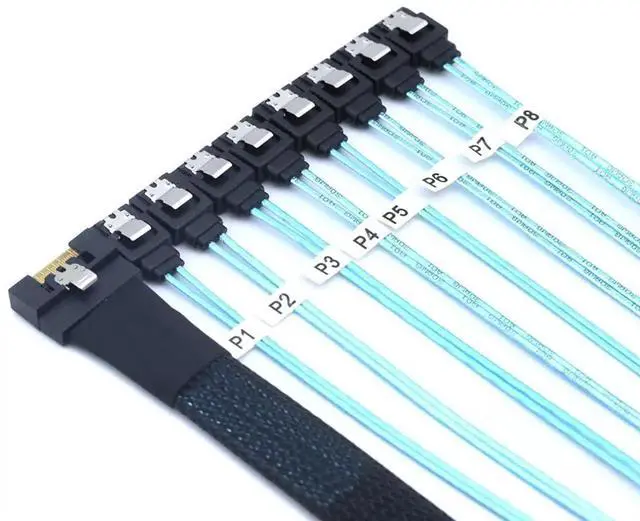 Alt view image 2 of 6 - PCIE Slimline SAS SFF8654 8i to 8×SATA Hard Drive Cable, 32AWG Copper, FullHousing AntiMisplug Design, 24Gbps HighSpeed Harness, 0.5M/19.68in