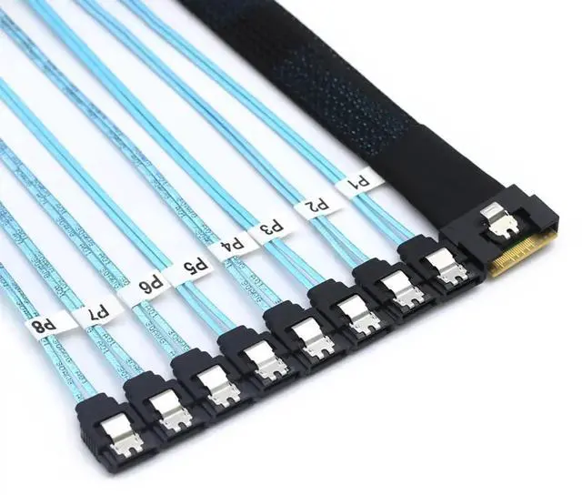 Alt view image 3 of 6 - PCIE Slimline SAS SFF8654 8i to 8×SATA Hard Drive Cable, 32AWG Copper, FullHousing AntiMisplug Design, 24Gbps HighSpeed Harness, 0.5M/19.68in