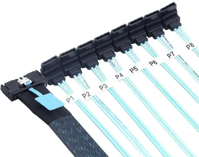 Alt view image 6 of 6 - MCIO PCIe SAS SFF8654 8i 74Pin to 8×SATA 7Pin Female 90Degree Cable, 32AWG HighSpeed Server Hard Drive Adapter, 0.8M