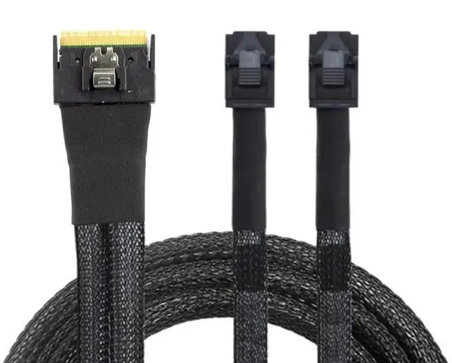 Alt view image 2 of 6 - Mini SlimSAS SFF8654 8i PCIe 4.0 to Dual SAS HD SFF8643 Cable, 32AWG 24Gbps HighSpeed AntiMisplug Server Interconnect Cable, 0.5M