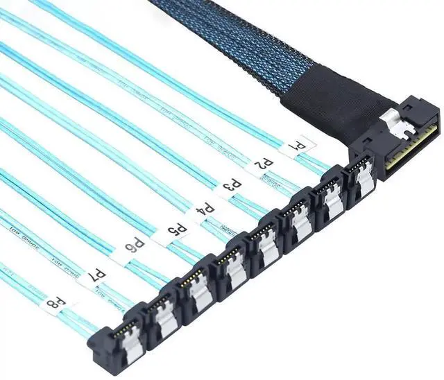 Alt view image 2 of 6 - SlimSAS LP LowProfile SFF8654 8i 74Pin to 8×SATA 7Pin 90Degree Cable, 30AWG Server Internal HighSpeed Connection Harness, 1M