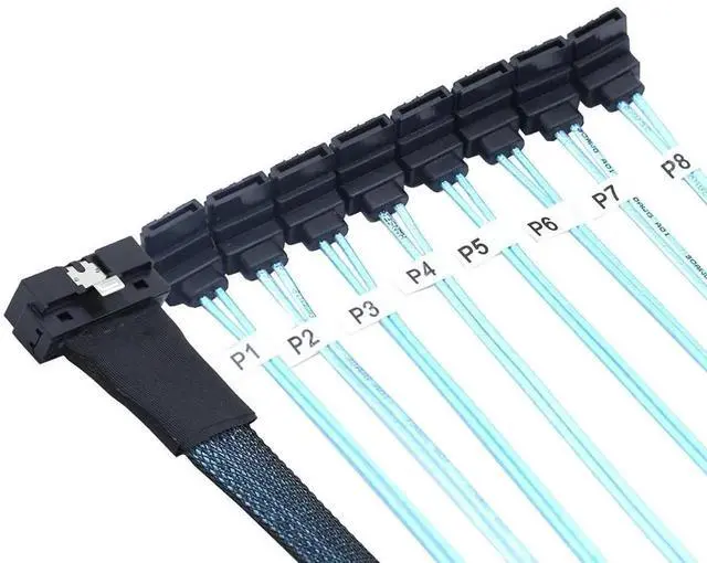 Alt view image 6 of 6 - SlimSAS LP LowProfile SFF8654 8i 74Pin to 8×SATA 7Pin 90Degree Cable, 30AWG Server Internal HighSpeed Connection Harness, 1M