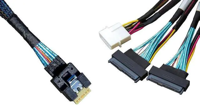Main image of SlimSAS 8X to 2×U.2 NVMe Adapter Cable, SFF8654 74Pin to 2×SFF8639 68Pin with Power, 75CM (Broadcom MPN 056000500, CBLSAST0953)