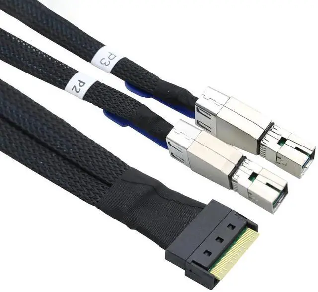 Alt view image 4 of 5 - PCIe Slimline SAS SFF8654 8i to Dual SAS HD SFF8644 Server Cable, FullCover AntiMisplug Design, 32AWG Data Harness, 10Ohm Impedance, 1M