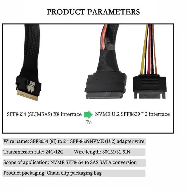 Alt view image 3 of 6 - SFF8654 8i to Dual SFF8639 NVMe (U.2) Cable, 80cm SlimSAS to SAS/SATA Data Transfer Cable for NVMe SSDs