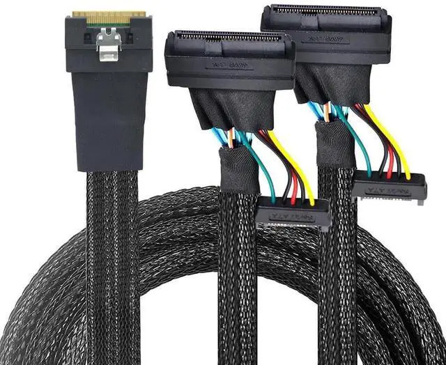 Main image of Slimline SFF8654 8i to Dual SFF8639 U.2 + 15Pin Power Cable, 24Gbps HighSpeed Server Interconnect, 85Ohm Copper Wire, 1m