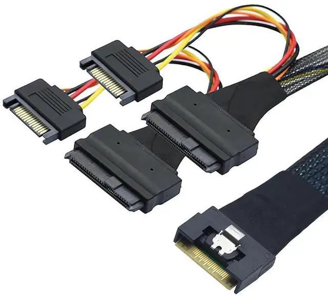 Alt view image 4 of 6 - Slimline SFF8654 8i to Dual SFF8639 U.2 + 15Pin Power Cable, 24Gbps HighSpeed Server Interconnect, 85Ohm Copper Wire, 1m
