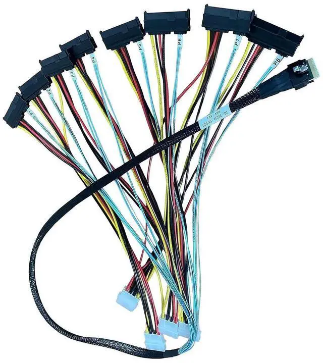 Main image of SlimSAS 8X to 8×SAS Breakout Cable, SFF8654 74Pin to 8×SFF8482 29Pin with 4×Big4Pin Power Cable, 100CM