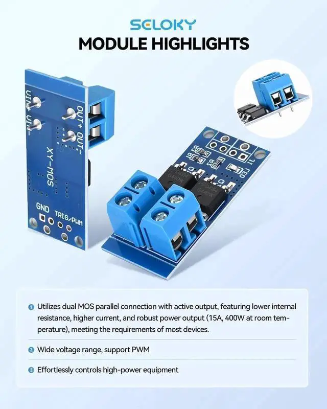 Alt view image 6 of 7 - 3PCS Dual HighPower MOSFET Trigger Switch Drive Module, DC 5V36V 400W 15A(Max 30A), 020KHz PWM Electronic Switch Motor Speed & Lamp Brightness Controller