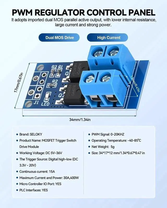 Alt view image 2 of 7 - 3PCS Dual HighPower MOSFET Trigger Switch Drive Module, DC 5V36V 400W 15A(Max 30A), 020KHz PWM Electronic Switch Motor Speed & Lamp Brightness Controller