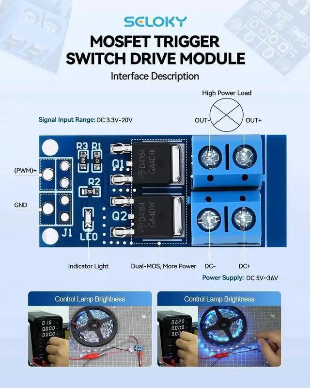 Alt view image 3 of 7 - 3PCS Dual HighPower MOSFET Trigger Switch Drive Module, DC 5V36V 400W 15A(Max 30A), 020KHz PWM Electronic Switch Motor Speed & Lamp Brightness Controller