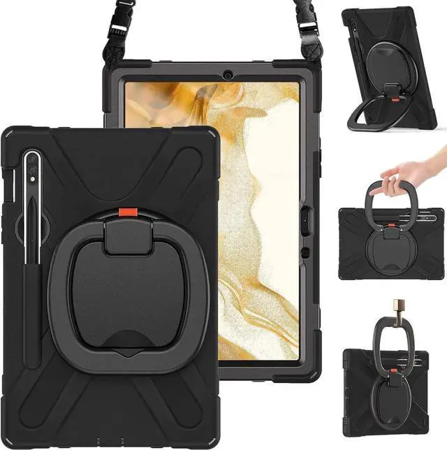 Main image of Black Rugged Silicone Protective Case for Samsung Galaxy Tab S8/S7 11 Inch 2022/2020 (SMX700/X706/T870/T875), with Handle Grip, Stable Kickstand, SPen Holder & Carrying Strap for Kids