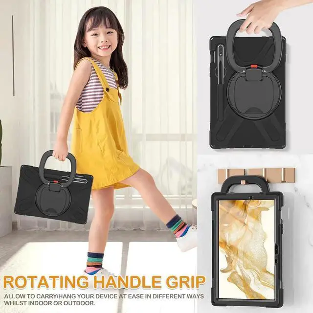 Alt view image 3 of 6 - Black Rugged Silicone Protective Case for Samsung Galaxy Tab S8/S7 11 Inch 2022/2020 (SMX700/X706/T870/T875), with Handle Grip, Stable Kickstand, SPen Holder & Carrying Strap for Kids