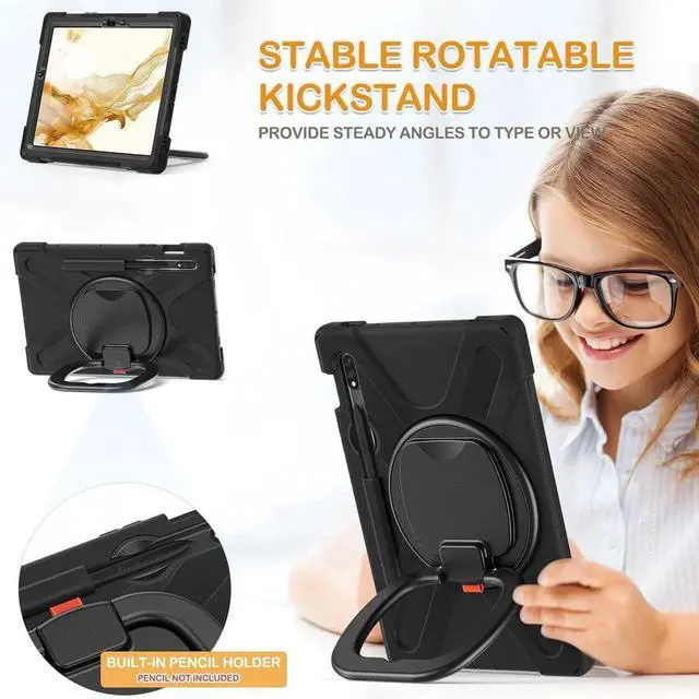 Alt view image 6 of 6 - Black Rugged Silicone Protective Case for Samsung Galaxy Tab S8/S7 11 Inch 2022/2020 (SMX700/X706/T870/T875), with Handle Grip, Stable Kickstand, SPen Holder & Carrying Strap for Kids