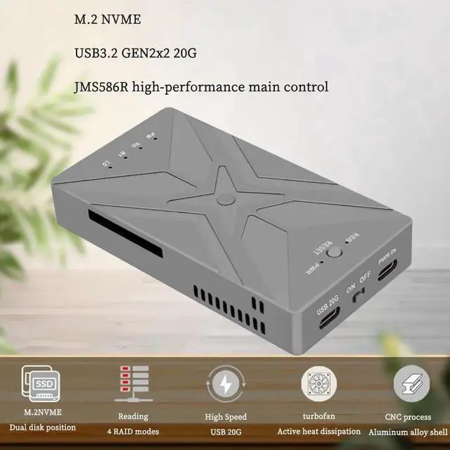 Alt view image 4 of 7 - PH8586R M.2 NVMe SSD Enclosure, 20Gbps USB3.2 Gen2x2 RAID Adapter, Supports M.2 NVMe 2230/2242/2260/2280 SSD