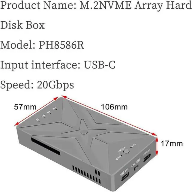 Alt view image 7 of 7 - PH8586R M.2 NVMe SSD Enclosure, 20Gbps USB3.2 Gen2x2 RAID Adapter, Supports M.2 NVMe 2230/2242/2260/2280 SSD
