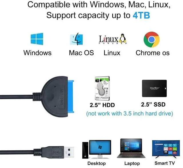 Alt view image 2 of 7 - DTech SATA to USB 3.0 Adapter Cable for 2.5" SSD/HDD, 5Gbps SuperSpeed, Backward Compatible with USB 2.0/1.1 & Older SATA Connectors
