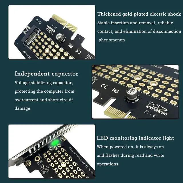Alt view image 6 of 7 - PH41 PCIe 3.0 X4 to M.2 NVMe MKey Adapter Card, 32Gbps, Supports 22302280 SSD, PCIe X4/X8/X16 Slot, Full Height
