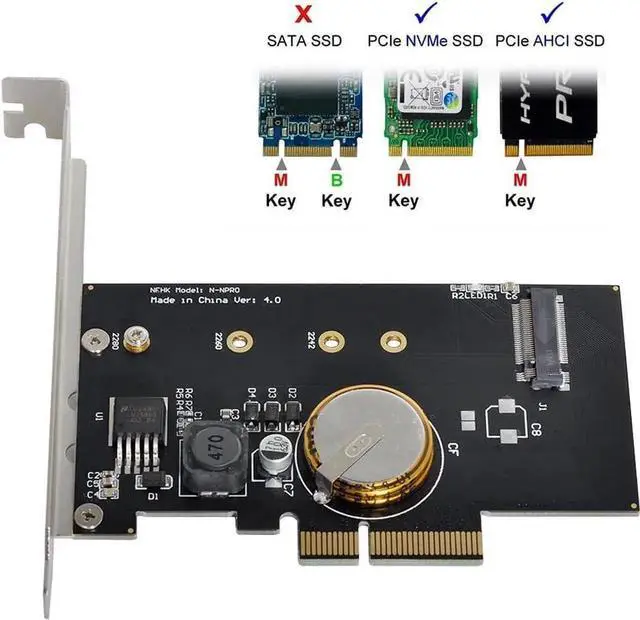 Main image of PCIE 3.0 X4 to M.2 MKey 80mm NVMe SSD Adapter Card, with 4.0F Super Capacitor for PowerFailure Protection