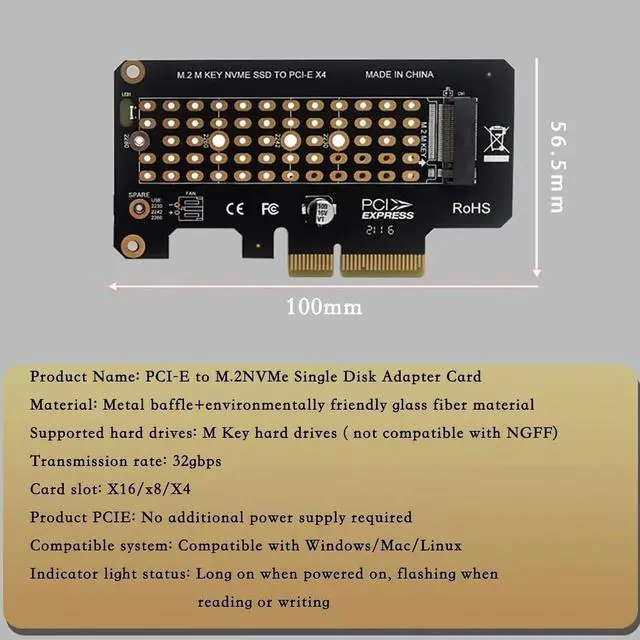 Alt view image 2 of 7 - PH41 PCIe 3.0 X4 to M.2 NVMe MKey Adapter Card, 32Gbps Speed, 22302280 SSD Compatible, PCIe X4/X8/X16 Slot Support, HalfHeight Bracket
