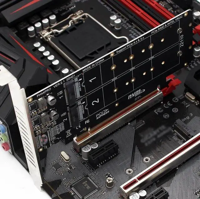 Alt view image 3 of 7 - PH44PRO DualSided 4Port M.2 MKey NVMe to PCIe X16 Splitter Card, 4×32Gbps, 2U Server RAID Array Expansion Adapter, Supports 2242/2260/2280/22110 SSDs