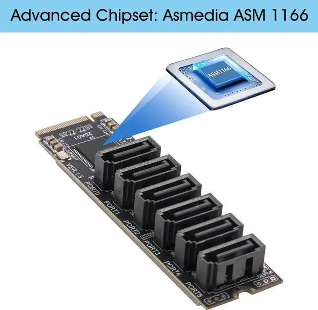 Alt view image 3 of 7 - 6Port M.2 to SATA Adapter Card, M.2 NVMe to SATA 3.0 Expansion Card with ASM1166 Chipset, Supports SSD/HDD up to 6Gbps
