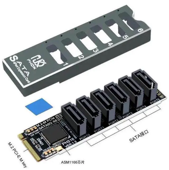 Alt view image 7 of 7 - 6Port M.2 to SATA Adapter Card, M.2 NVMe to SATA 3.0 Expansion Card with ASM1166 Chipset, Supports SSD/HDD up to 6Gbps