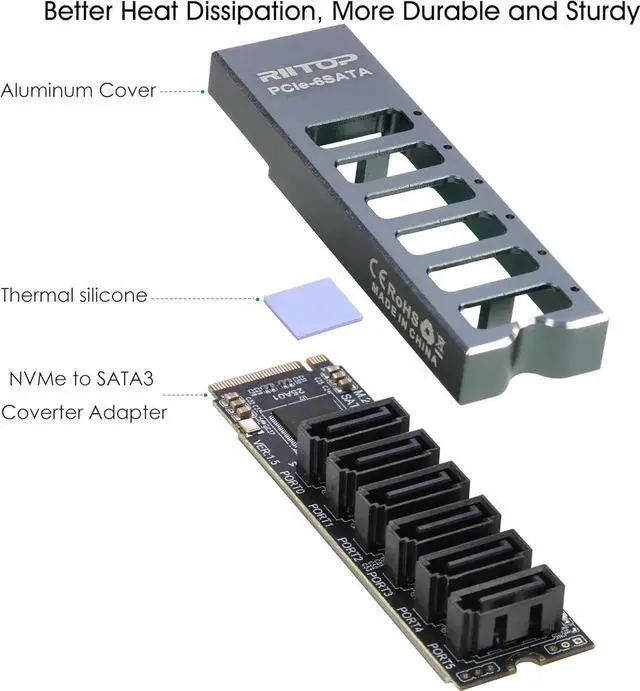 Alt view image 2 of 7 - 6Port M.2 to SATA Adapter Card, M.2 NVMe to SATA 3.0 Expansion Card with ASM1166 Chipset, Supports SSD/HDD up to 6Gbps