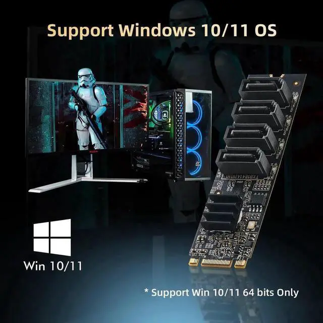 Alt view image 5 of 7 - 4Port M.2 to SATA 3.0 Controller Card, 6Gbps SATA Expansion Adapter with 4 SATA Cables, Compatible with Windows 10/11