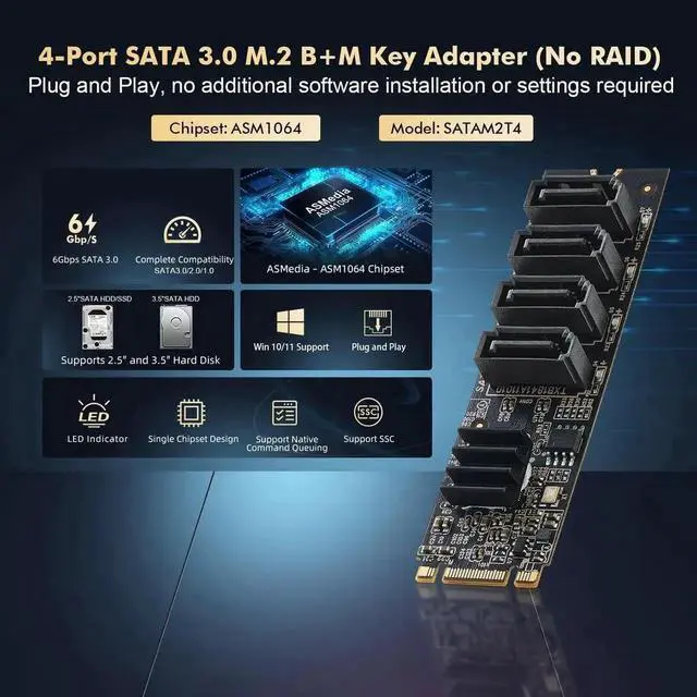 Alt view image 7 of 7 - 4Port M.2 to SATA 3.0 Controller Card, 6Gbps SATA Expansion Adapter with 4 SATA Cables, Compatible with Windows 10/11
