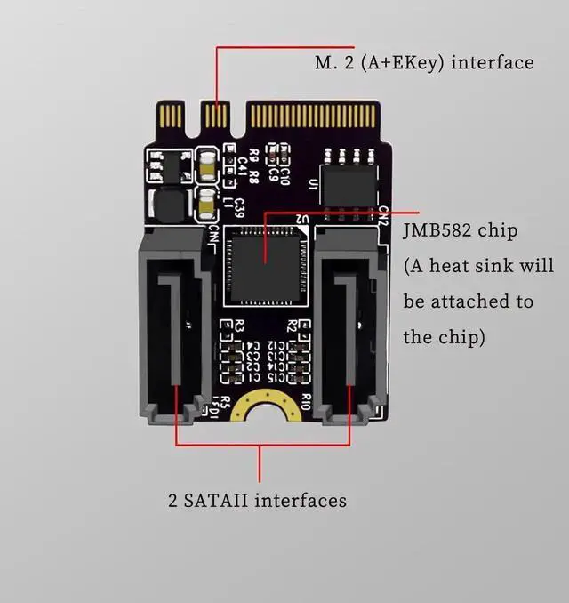 Alt view image 7 of 7 - PCIe 3.0 M.2 NGFF A+E Key to 2Port SATA 6Gbps Adapter Card with JMB582 Chip, for 2230 SSD, PC & Server Use