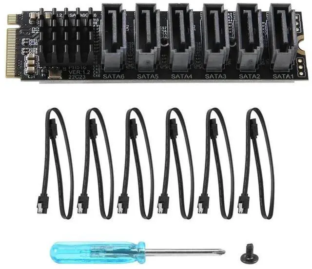 Main image of 6Port M.2 MKey PCIE to SATA 3.0 6Gbps Expansion Card with SATA Cables, ASM1166 Chipset, M.2 NVMe to SATA Riser Card, Supports Port Multiplier (PM)