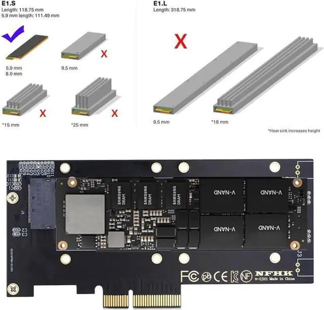 Alt view image 2 of 7 - PCIE 4.0 x4 Host Adapter to NVMe Ruler 1U GENZ EDSFF, E1.S Carrier Adapter for Short SSD (5.9mm / 8.0mm Thickness)