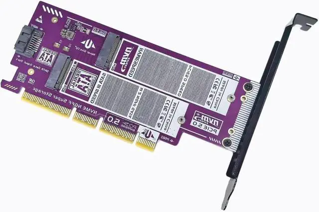 Alt view image 2 of 4 - PCIe 5.0/4.0 to DualBay M.2 NVMe & SATA SSD Adapter Card, HighSpeed Expansion Board with GoldPlated PCB, Metal Bracket, P582 Chip + SATA Cable