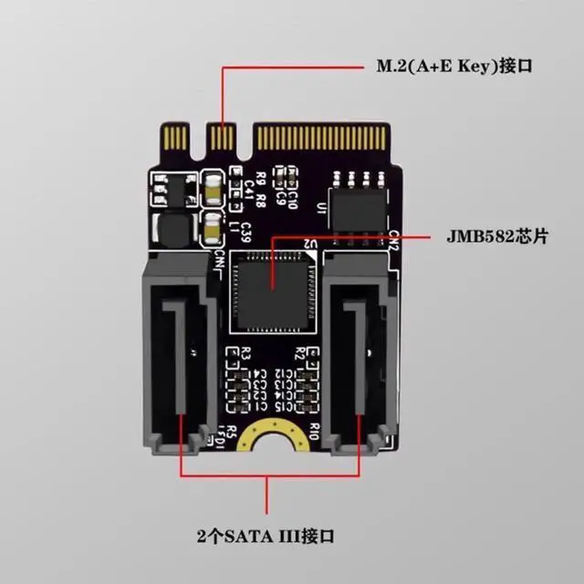 Alt view image 3 of 4 - M.2 A+E Key to 2-Port SATA 3.0 Expansion Riser Card, JMB582 Chip M.2 WiFi Slot to SATA Adapter