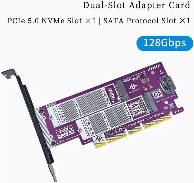 Alt view image 3 of 5 - PCIe 5.0/4.0 to Dual M.2 NVMe & SATA SSD Adapter Card, Dual-Bay Expansion Board with P582 Chip, Gold-Plated PCB & Metal Bracket