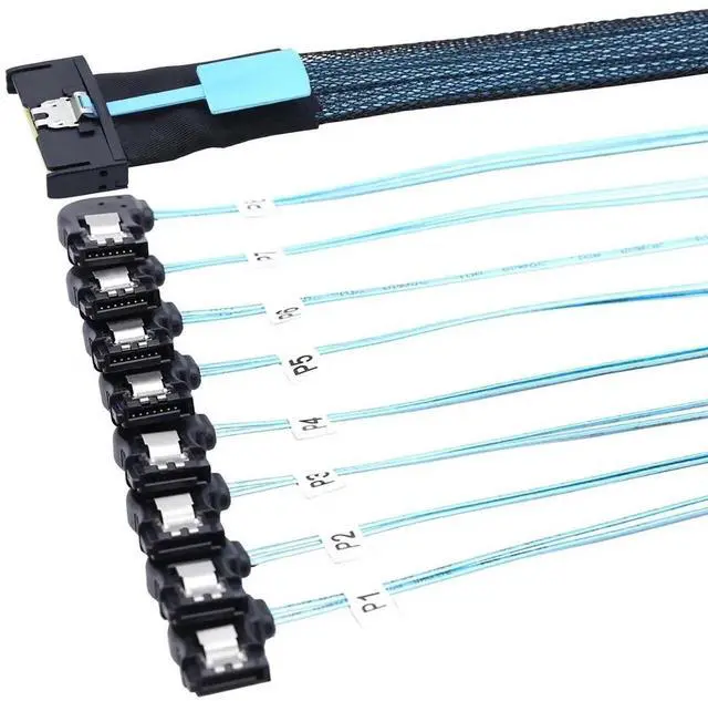 Main image of MCIO SFF-8654 8i to 8-Port 7P Left Angle SATA Converter Cable, 32AWG High Speed Server Internal Cable 0.5M