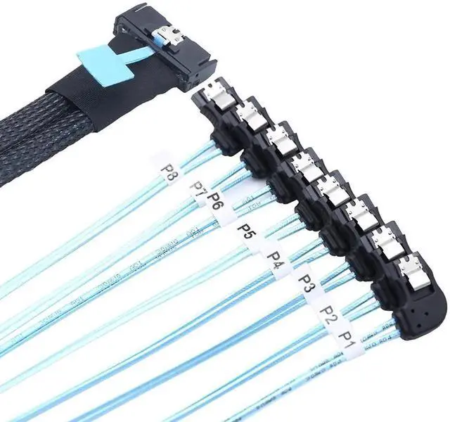 Alt view image 4 of 6 - MCIO SFF-8654 8i to 8-Port 7P Left Angle SATA Converter Cable, 32AWG High Speed Server Internal Cable 0.5M