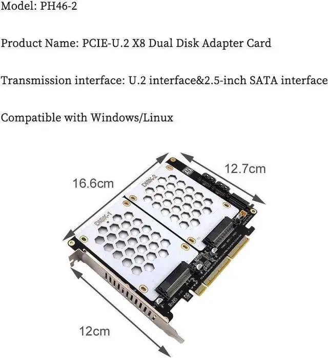 Alt view image 3 of 7 - PH46-2 PCIe 4.0 X8 to Dual SFF8639 U.2 NVMe & SATA 2.5" HDD Expansion Card, PCIe X4X4 Bifurcation Split Supported