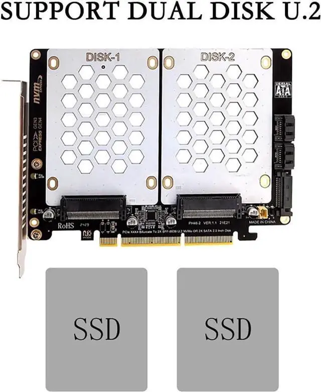 Alt view image 5 of 7 - PH46-2 PCIe 4.0 X8 to Dual SFF8639 U.2 NVMe & SATA 2.5" HDD Expansion Card, PCIe X4X4 Bifurcation Split Supported