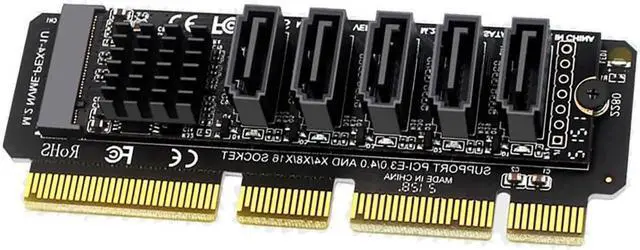 Main image of PH56+1U PCIe 3.0 M.2 M-Key to 5 Ports SATA III Expansion Card, 6Gbps with LED Indicator, JMB585 Chip, for 1U Chassis
