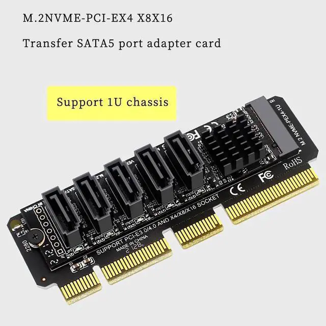 Alt view image 3 of 7 - PH56+1U PCIe 3.0 M.2 M-Key to 5 Ports SATA III Expansion Card, 6Gbps with LED Indicator, JMB585 Chip, for 1U Chassis