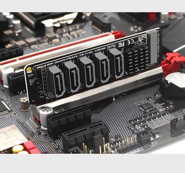 Alt view image 7 of 7 - PH56+1U PCIe 3.0 M.2 M-Key to 5 Ports SATA III Expansion Card, 6Gbps with LED Indicator, JMB585 Chip, for 1U Chassis